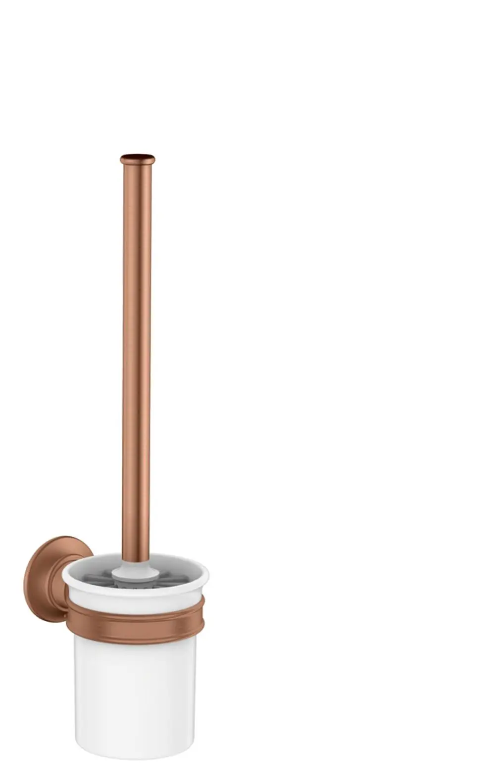 Toilettenbürstenhalter für die Wandmontage in gebürstetem Rotgold von AXOR, bestehend aus einem weißen Behälter und einem langen, glatten Griff.